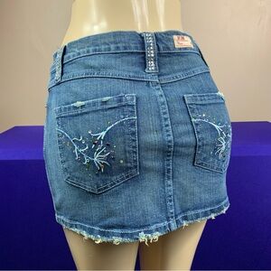 Y2K McBling Joy Jeans Rhinestone Denim Mini Skirt Sz 11 Distressed Embroidered